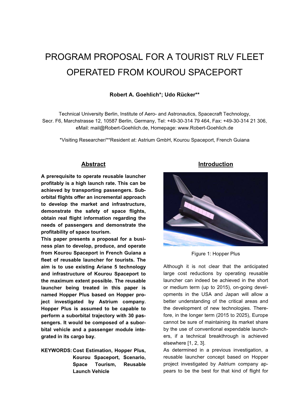 Program Proposal for a Tourist Rlv Fleet Operated from Kourou Spaceport