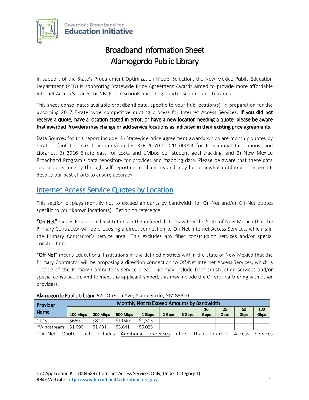Broadband Information Sheet Alamogordo Public Library