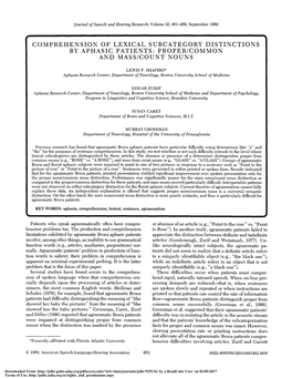 Comprehension of Lexical Subcategory Distinctions by Aphasic Patients: Proper/Common and Mass/Count Nouns