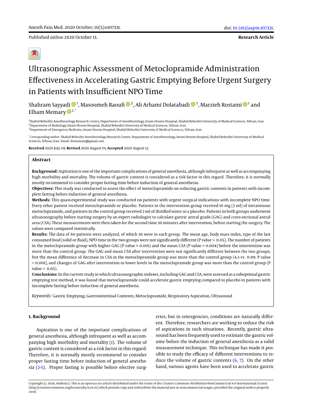 Ultrasonographic Assessment of Metoclopramide Administration Eﬀectiveness in Accelerating Gastric Emptying Before Urgent Surgery in Patients with Insuﬃcient NPO Time