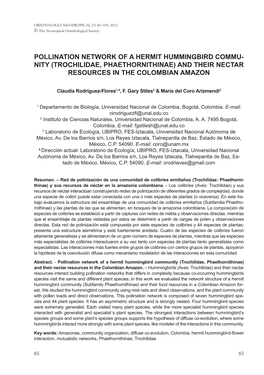 Pollination Network of a Hermit Hummingbird Commu- Nity (Trochilidae, Phaethornithinae) and Their Nectar Resources in the Colombian Amazon