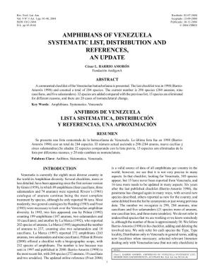 AMPHIBIANS of VENEZUELA SYSTEMATIC LIST, DISTRIBUTION and REFERENCES, an UPDATE Rev