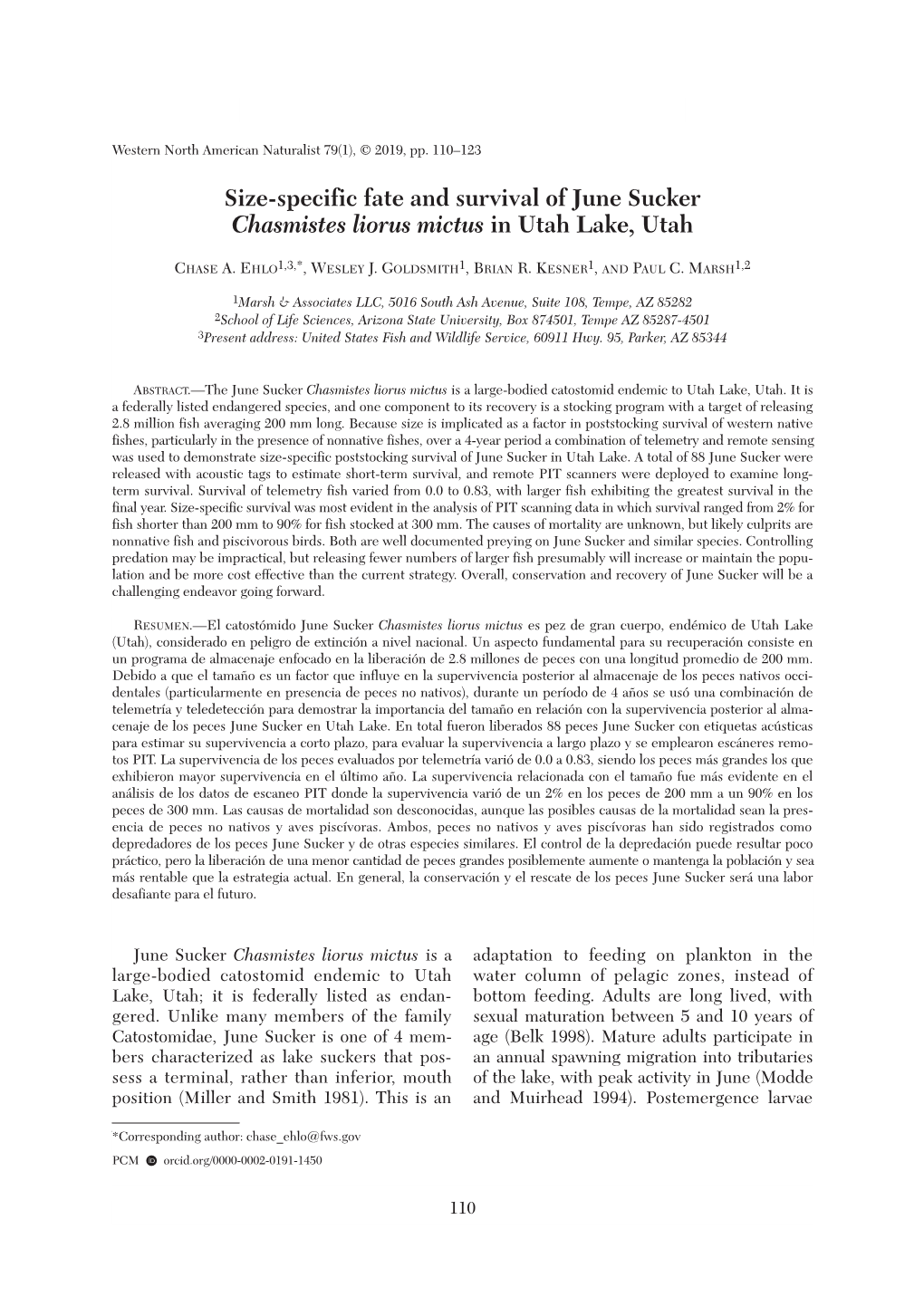 Size-Specific Fate and Survival of June Sucker Chasmistes Liorus Mictus in Utah Lake, Utah