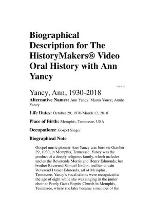Biographical Description for the Historymakers® Video Oral History with Ann Yancy