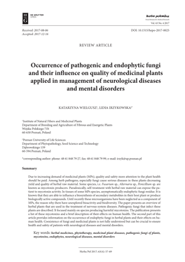 Occurrence of Pathogenic and Endophytic Fungi and Their Influence on Quality of Medicinal Plants Applied in Management of Neurological Diseases and Mental Disorders