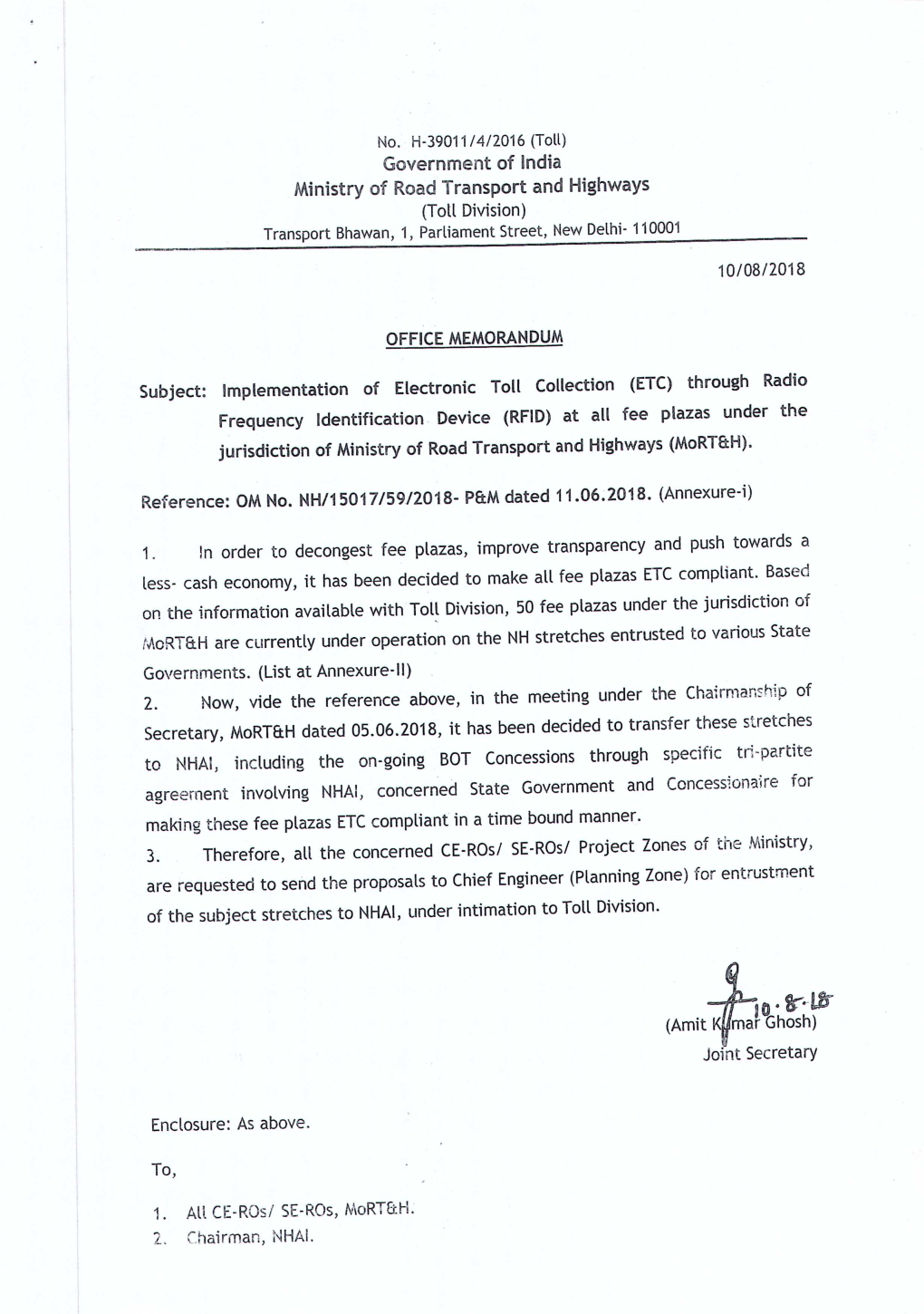 Toll-2018.08.10-Implementation of ETC Through RFID at All Fee Plazas