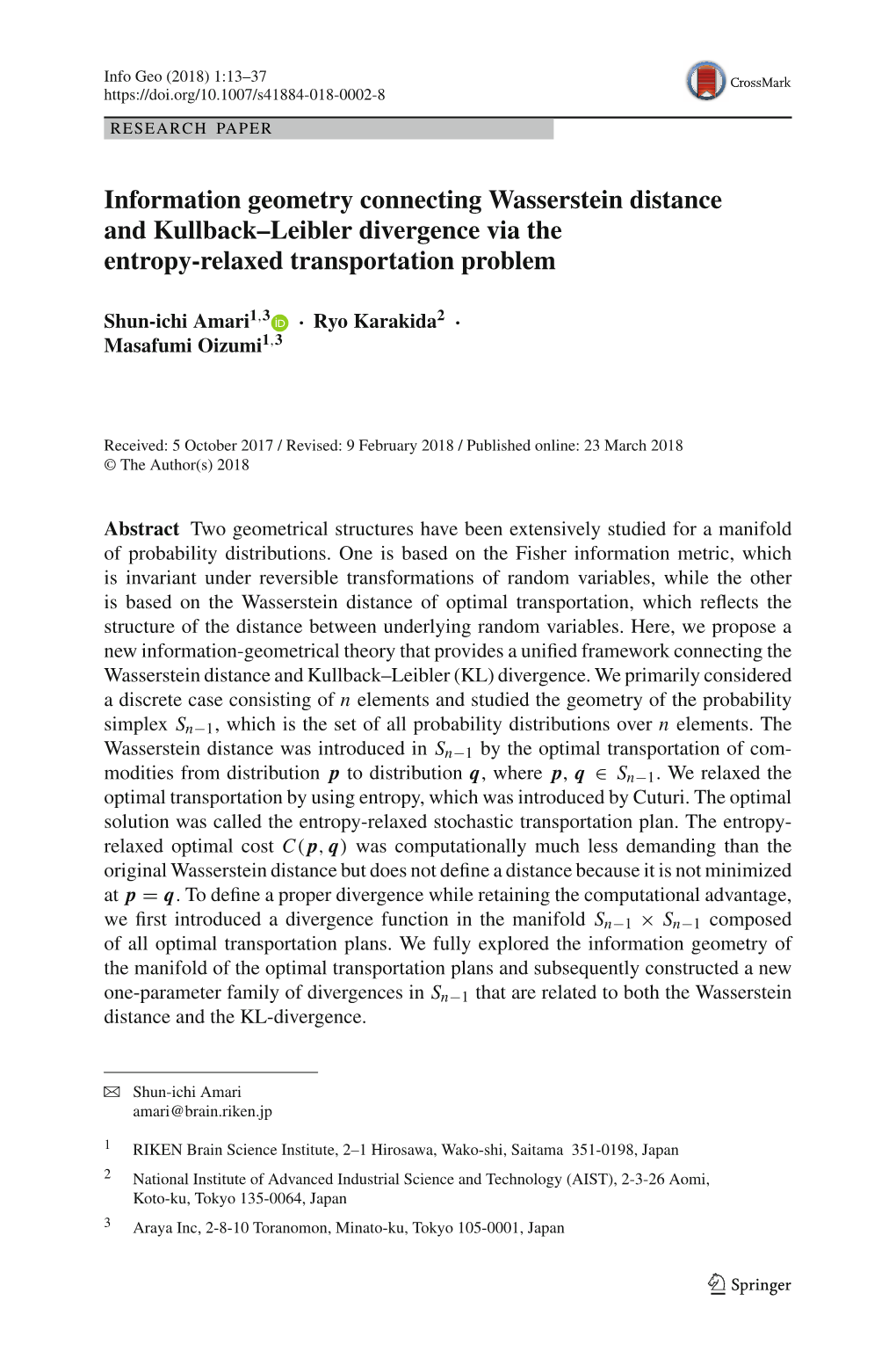 Information Geometry Connecting Wasserstein Distance and Kullback–Leibler Divergence Via the Entropy-Relaxed Transportation Problem