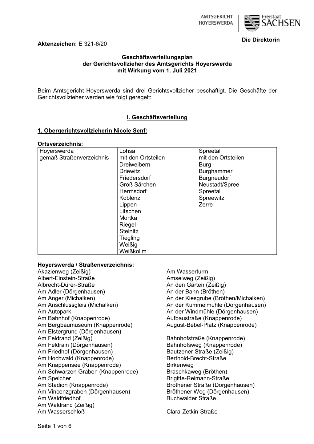 E 321-6/20 Geschäftsverteilungsplan Der Gerichtsvollzieher Des Amtsgerichts Hoyerswerda Mit Wirkung