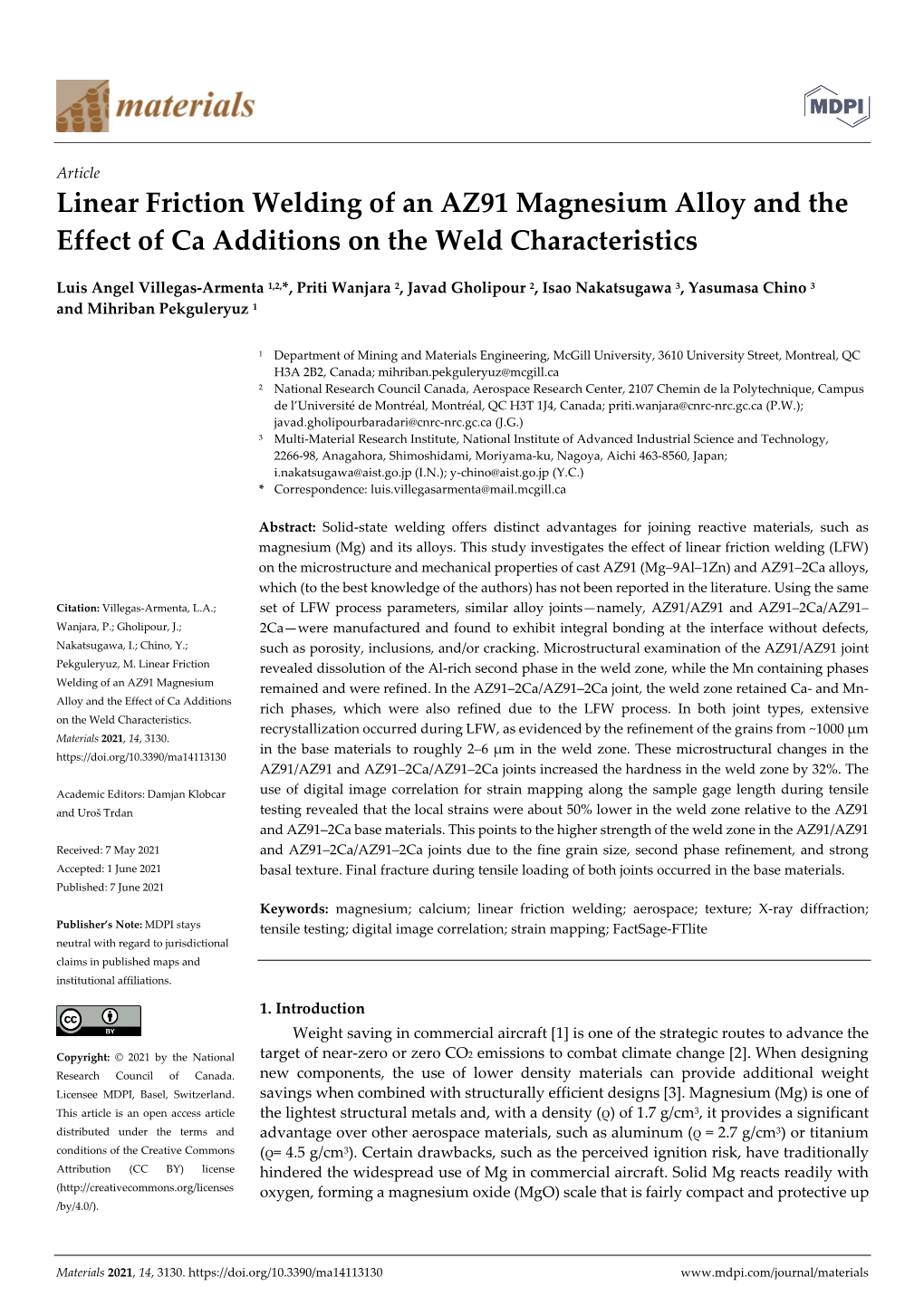Linear Friction Welding of an AZ91 Magnesium Alloy and the Effect of Ca Additions on the Weld Characteristics