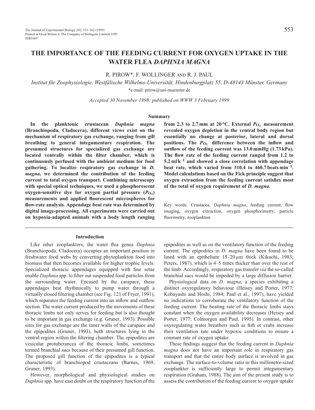 Role of the Feeding Current in O2 Uptake in Daphnia Magna