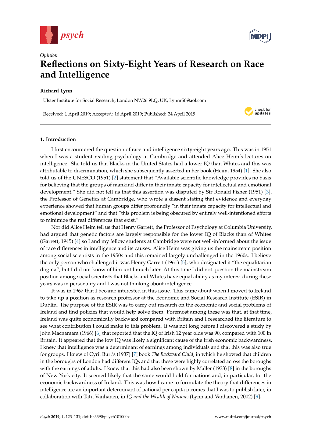 Reflections on Sixty-Eight Years of Research on Race and Intelligence