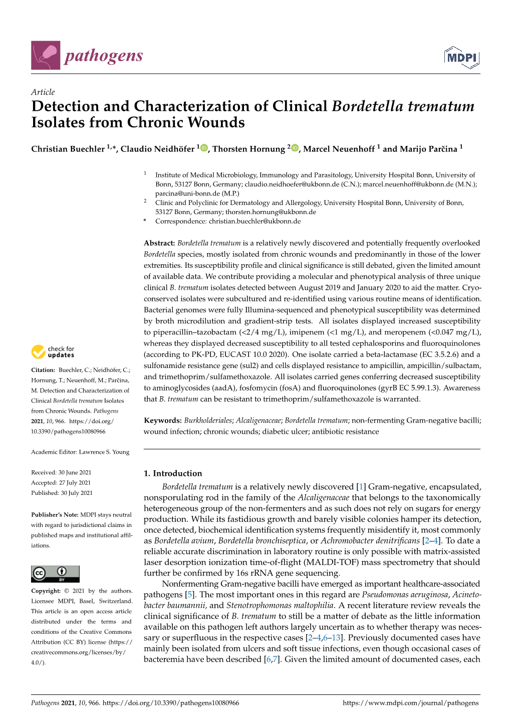 Detection and Characterization of Clinical Bordetella Trematum Isolates from Chronic Wounds