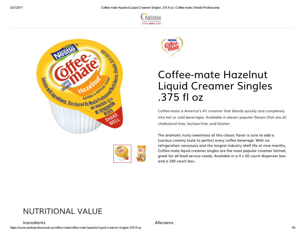 Coffee-Mate Hazelnut Liquid Creamer Singles .375 Fl Oz