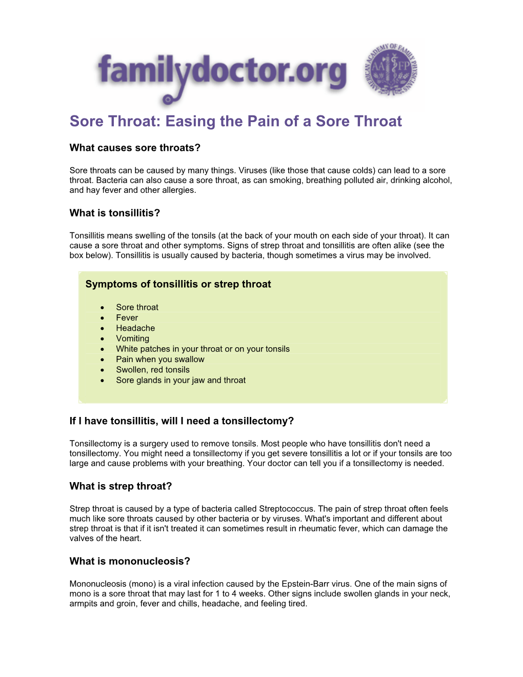 Sore Throat: Easing the Pain of a Sore Throat -- Familydoctor.Org