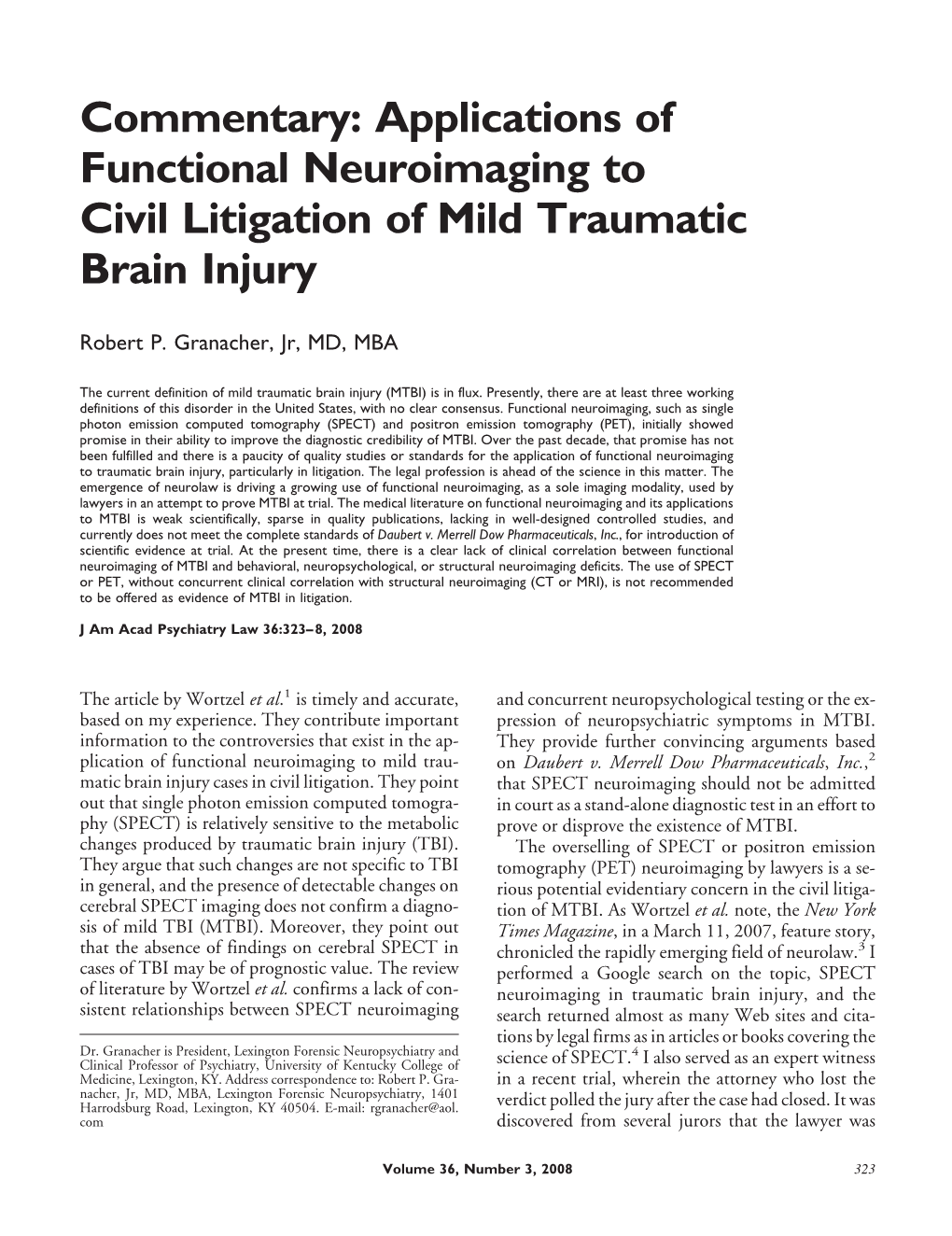 Applications of Functional Neuroimaging to Civil Litigation of Mild Traumatic Brain Injury