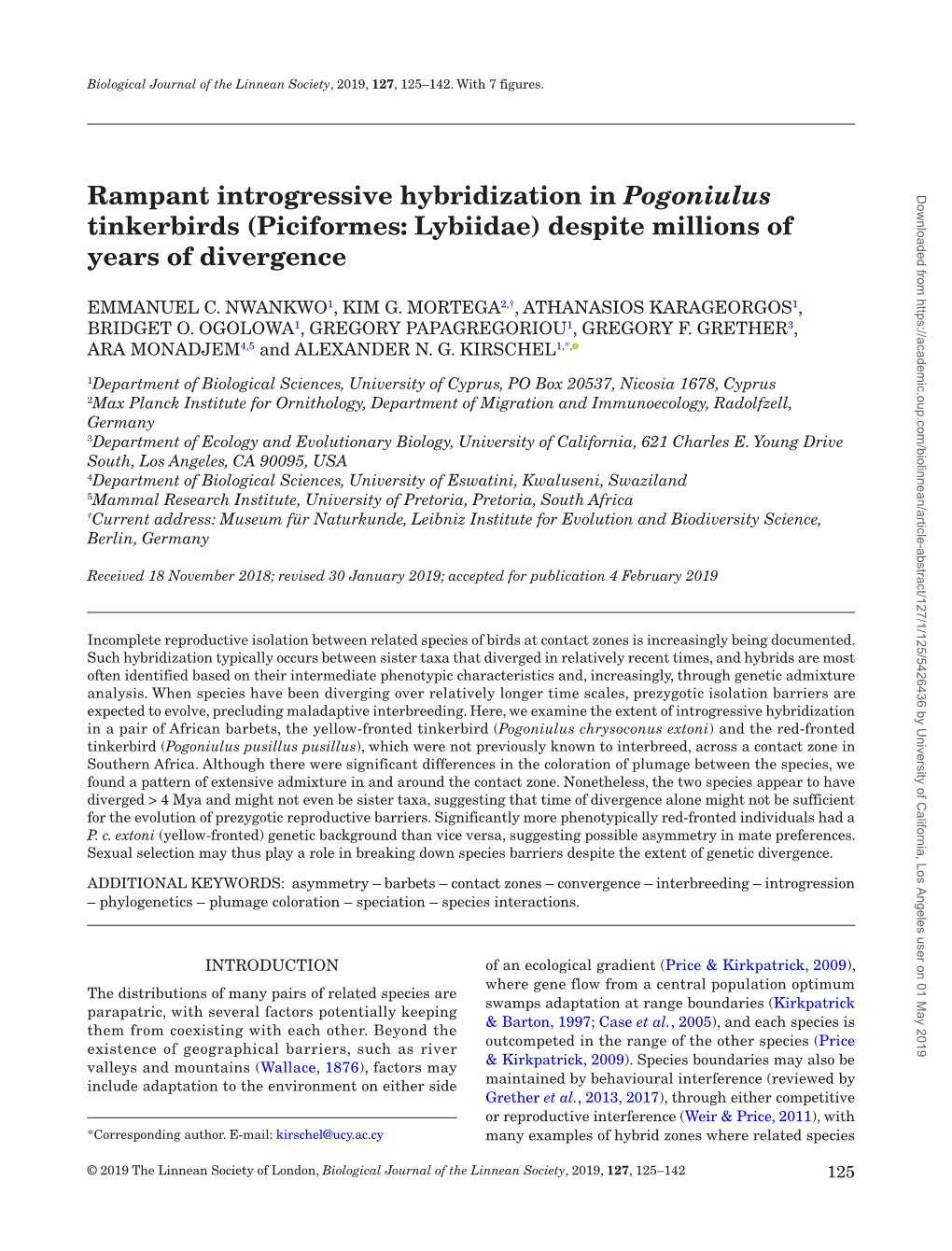 (Piciformes: Lybiidae) Despite Millions of Years of Divergence