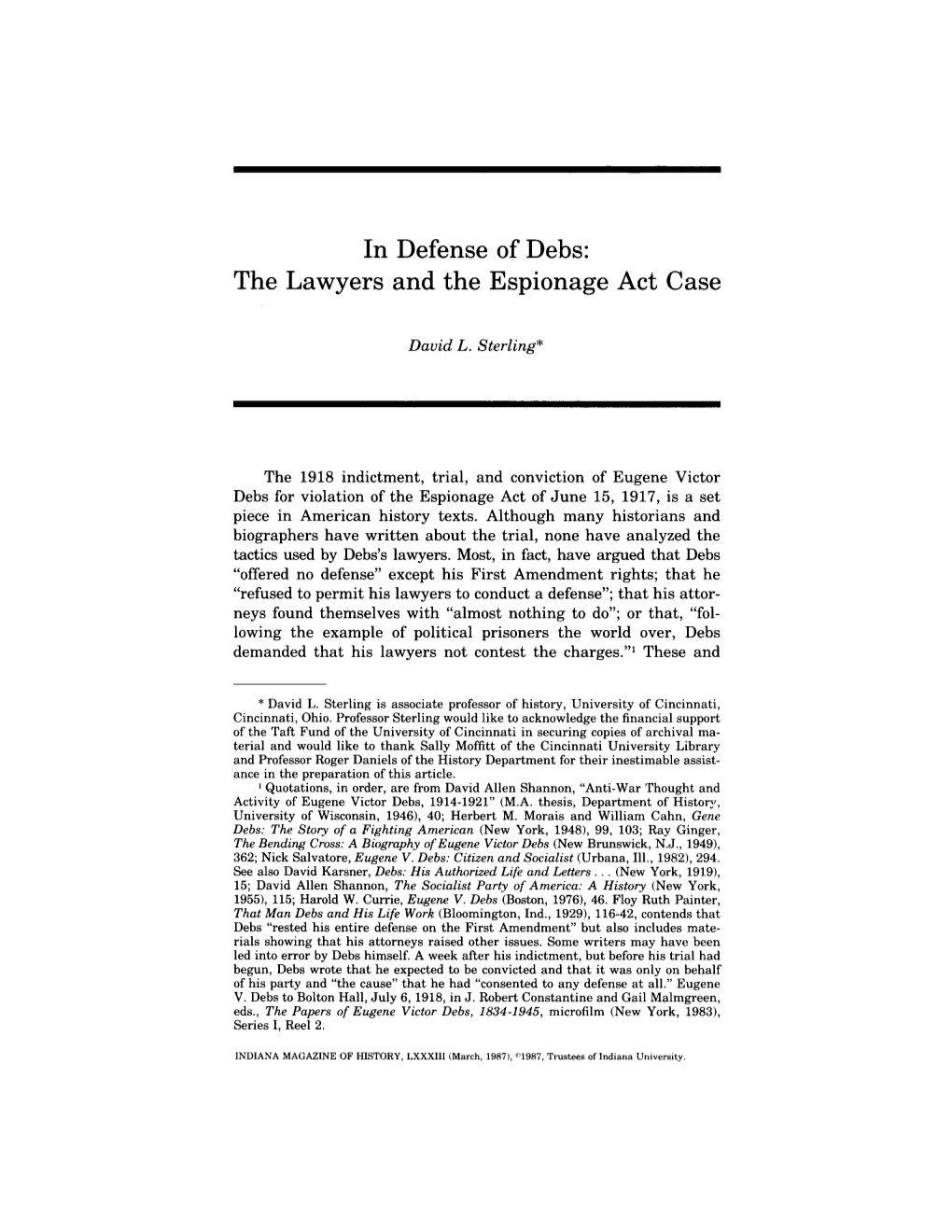 In Defense of Debs: the Lawyers and the Espionage Act Case