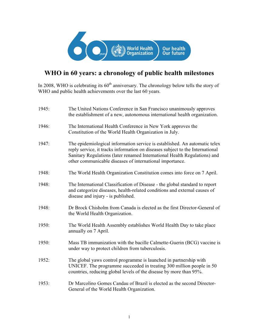 WHO in 60 Years: a Chronology of Public Health Milestones