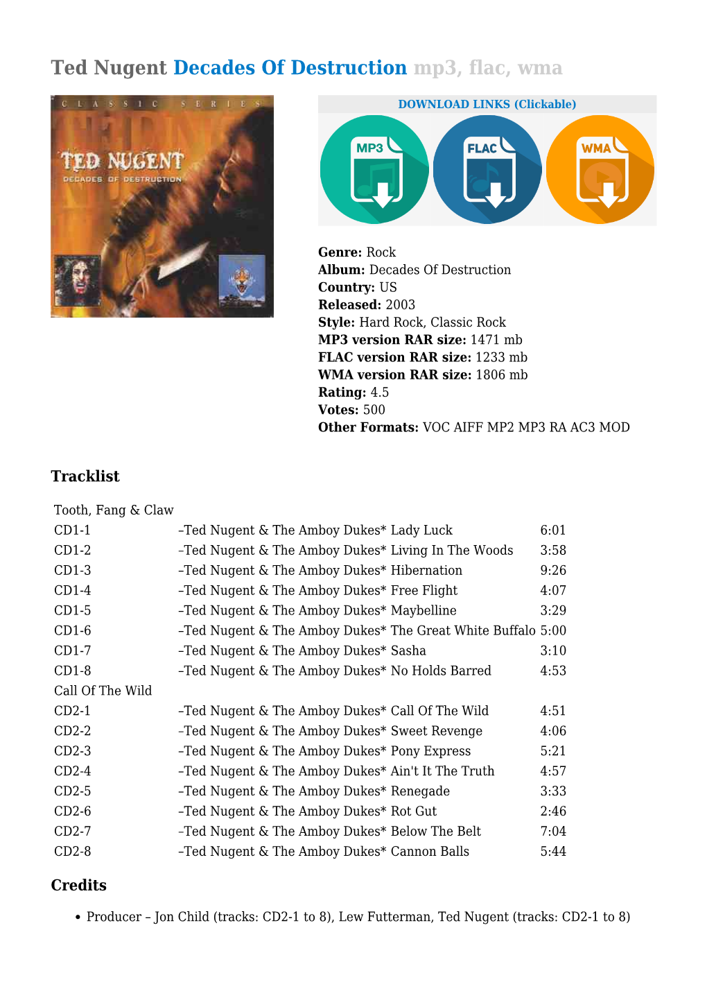Ted Nugent Decades of Destruction Mp3, Flac, Wma