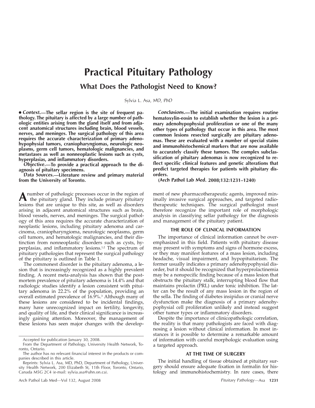 Practical Pituitary Pathology What Does the Pathologist Need to Know?