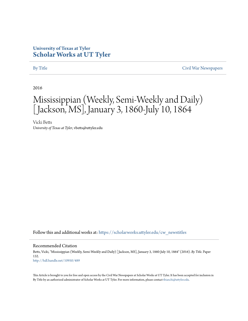 Jackson, MS], January 3, 1860-July 10, 1864 Vicki Betts University of Texas at Tyler, Vbetts@Uttyler.Edu