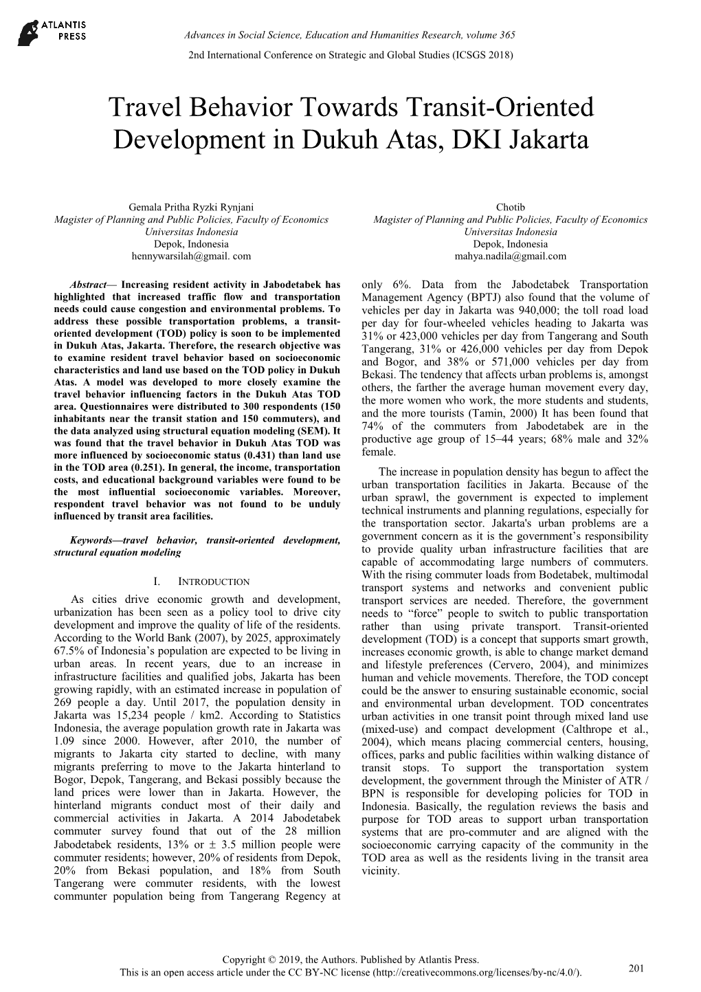 Travel Behavior Towards Transit-Oriented Development in Dukuh Atas, DKI Jakarta