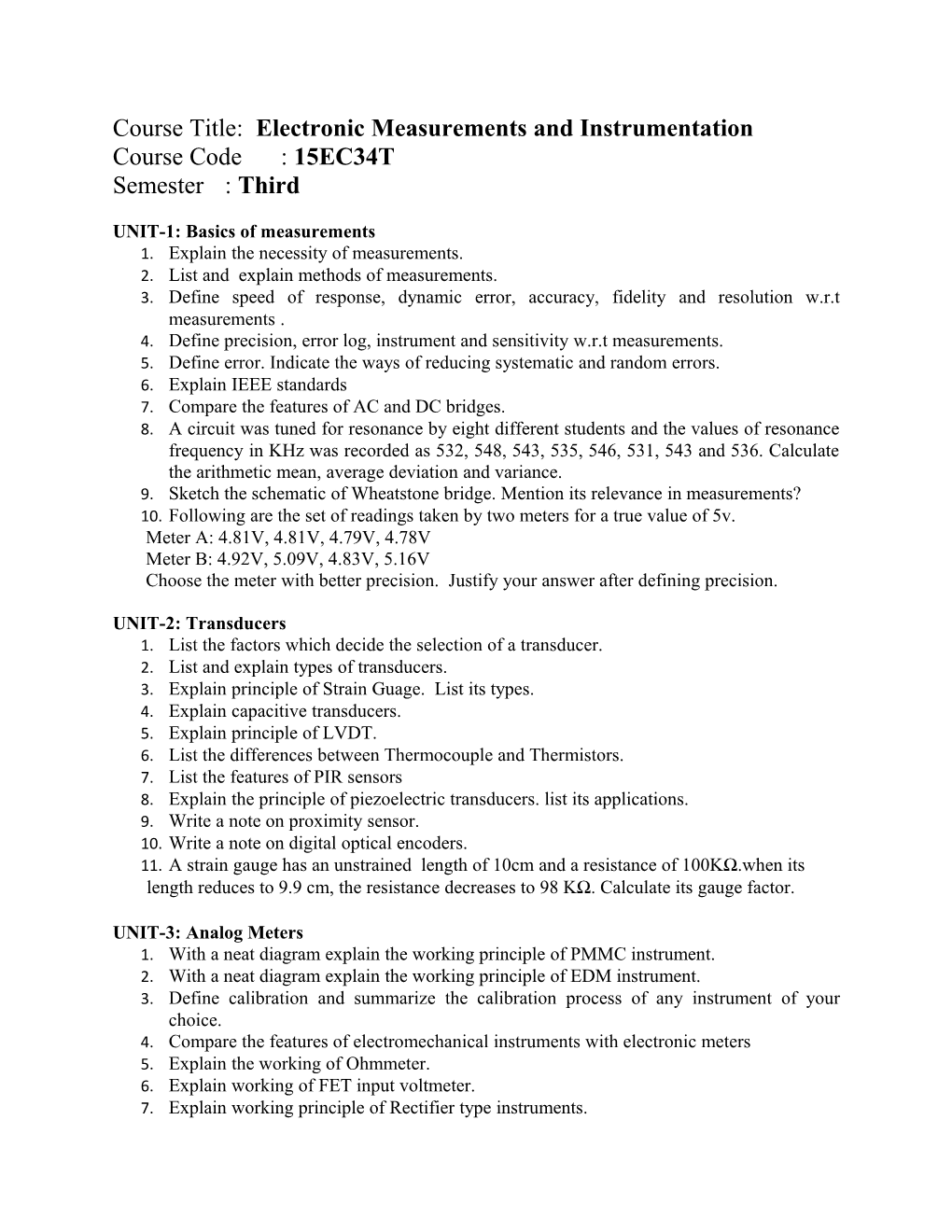 Course Title: Electronic Measurements and Instrumentation