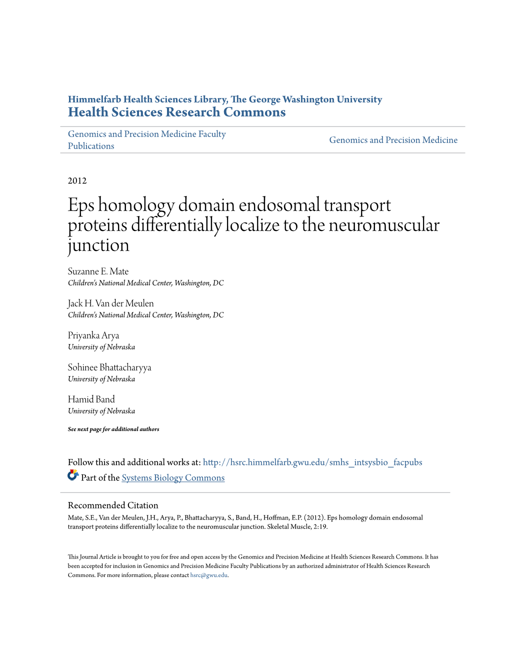 Eps Homology Domain Endosomal Transport Proteins Differentially Localize to the Neuromuscular Junction Suzanne E