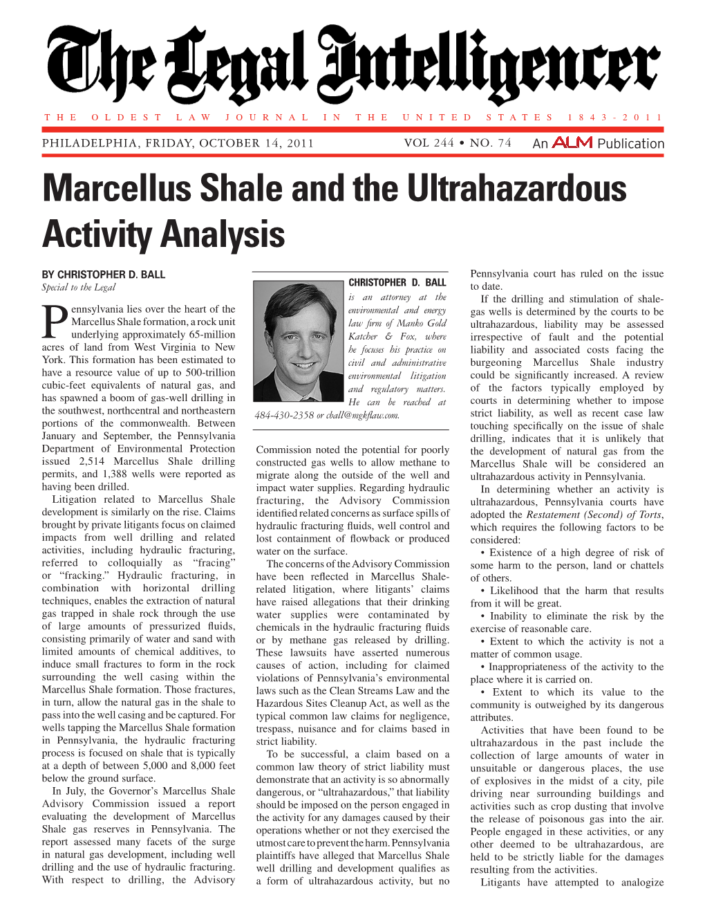 Marcellus Shale and the Ultrahazardous Activity Analysis