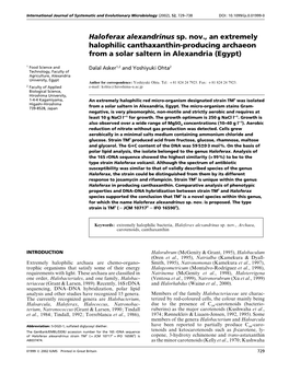 Haloferax Alexandrinus Sp. Nov., an Extremely Halophilic Canthaxanthin-Producing Archaeon from a Solar Saltern in Alexandria (Egypt)