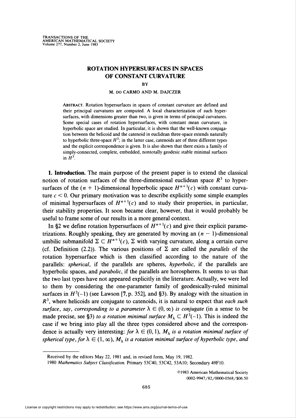 Rotation Hypersurfaces in Spaces of Constant Curvature Are Defined and Their Principal Curvatures Are Computed