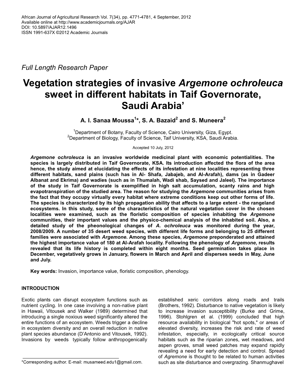 Vegetation Strategies of Invasive Argemone Ochroleuca Sweet in Different Habitats in Taif Governorate, Saudi Arabia’