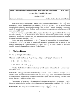 Lecture 16: Plotkin Bound 1 Plotkin Bound