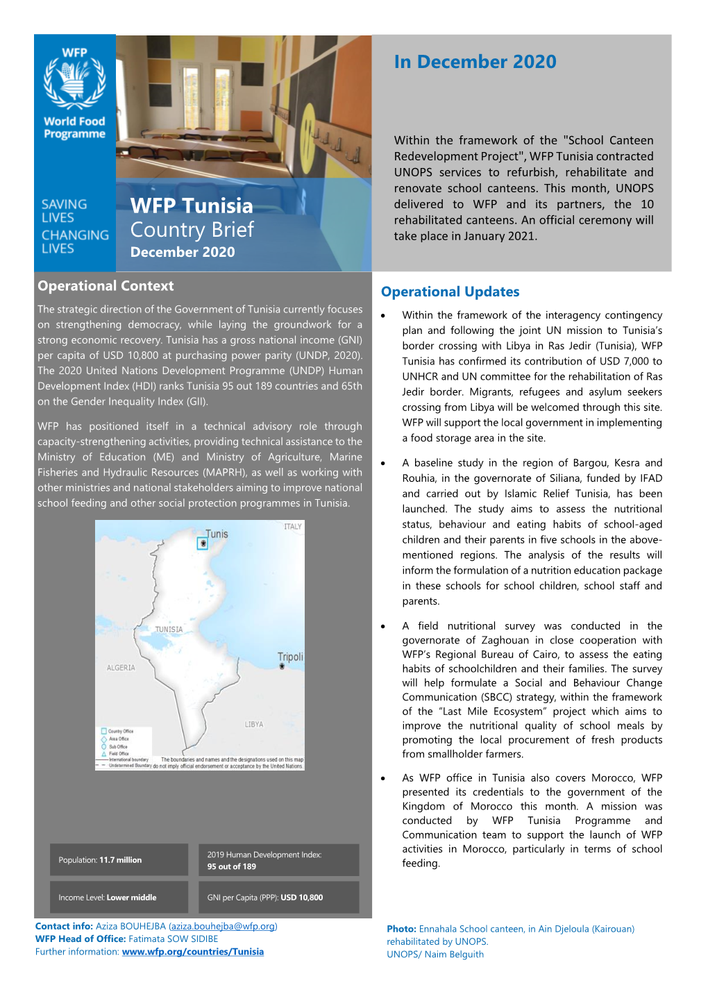 WFP Tunisia Country Brief December 2020