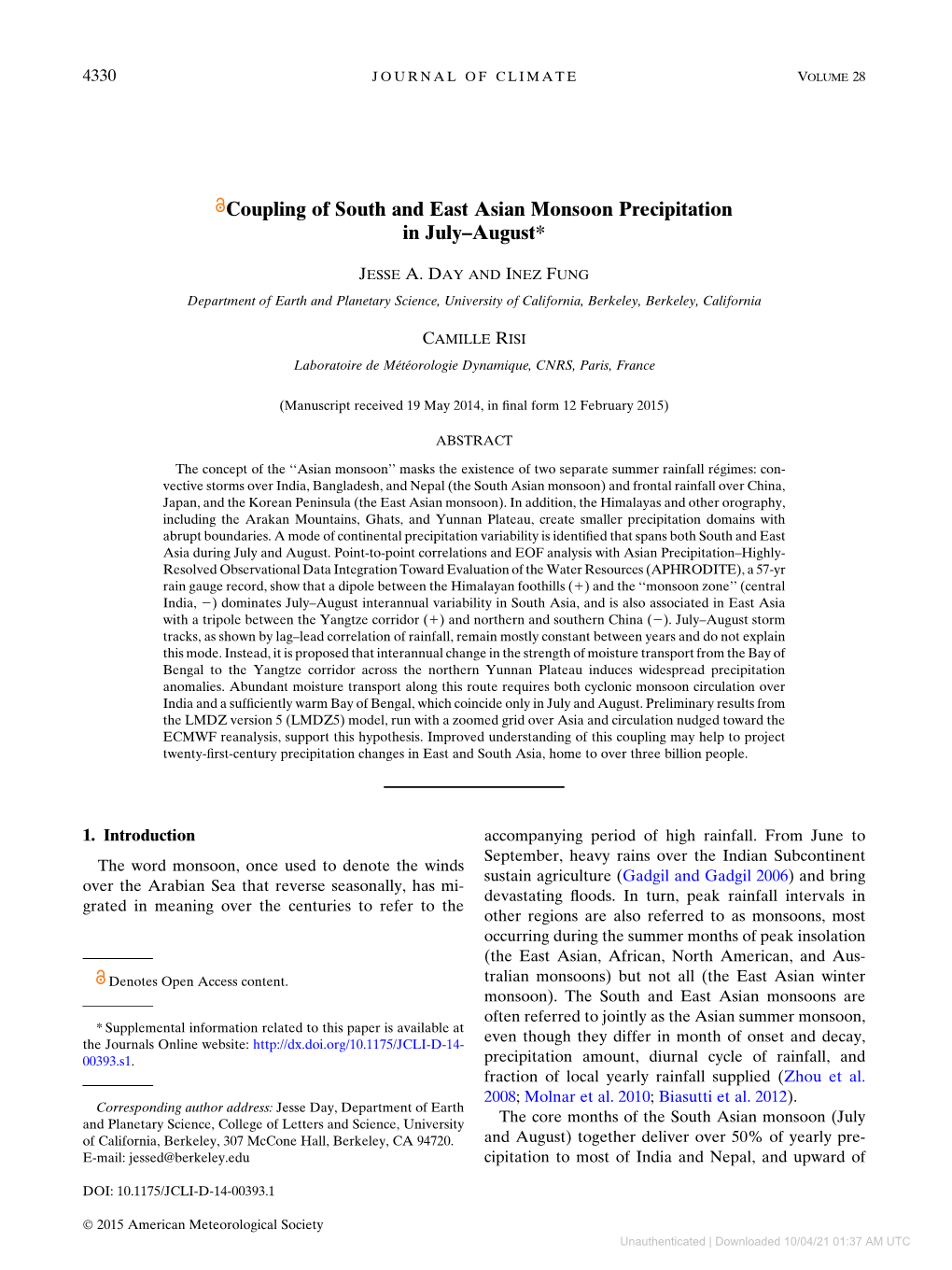 Coupling of South and East Asian Monsoon Precipitation in July–August*