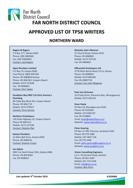 Far North District Council Approved List of Tp58 Writers