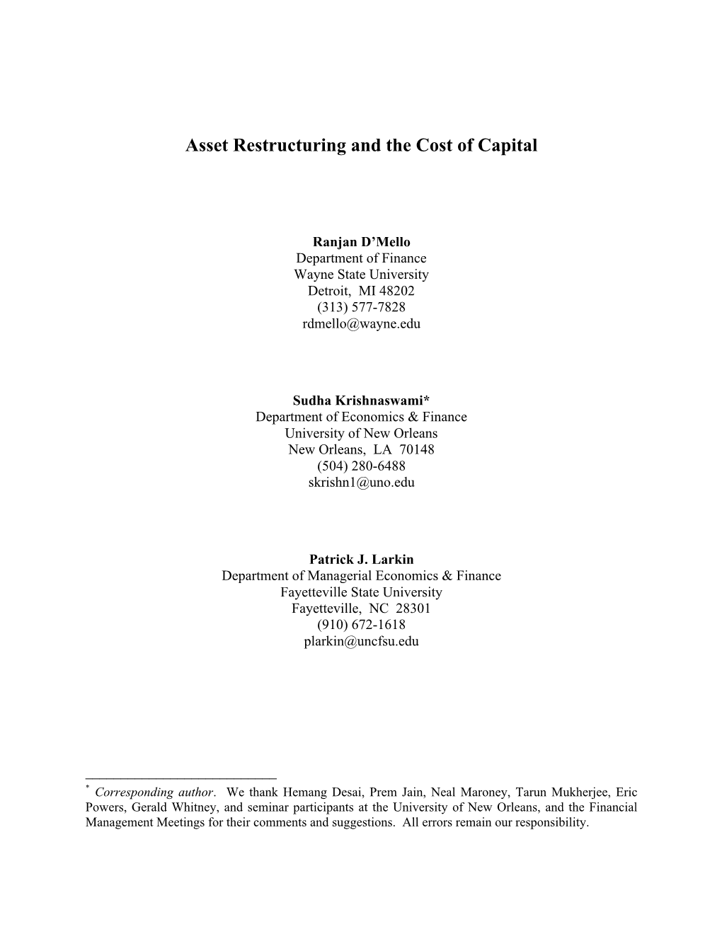 Asset Restructuring and the Cost of Capital