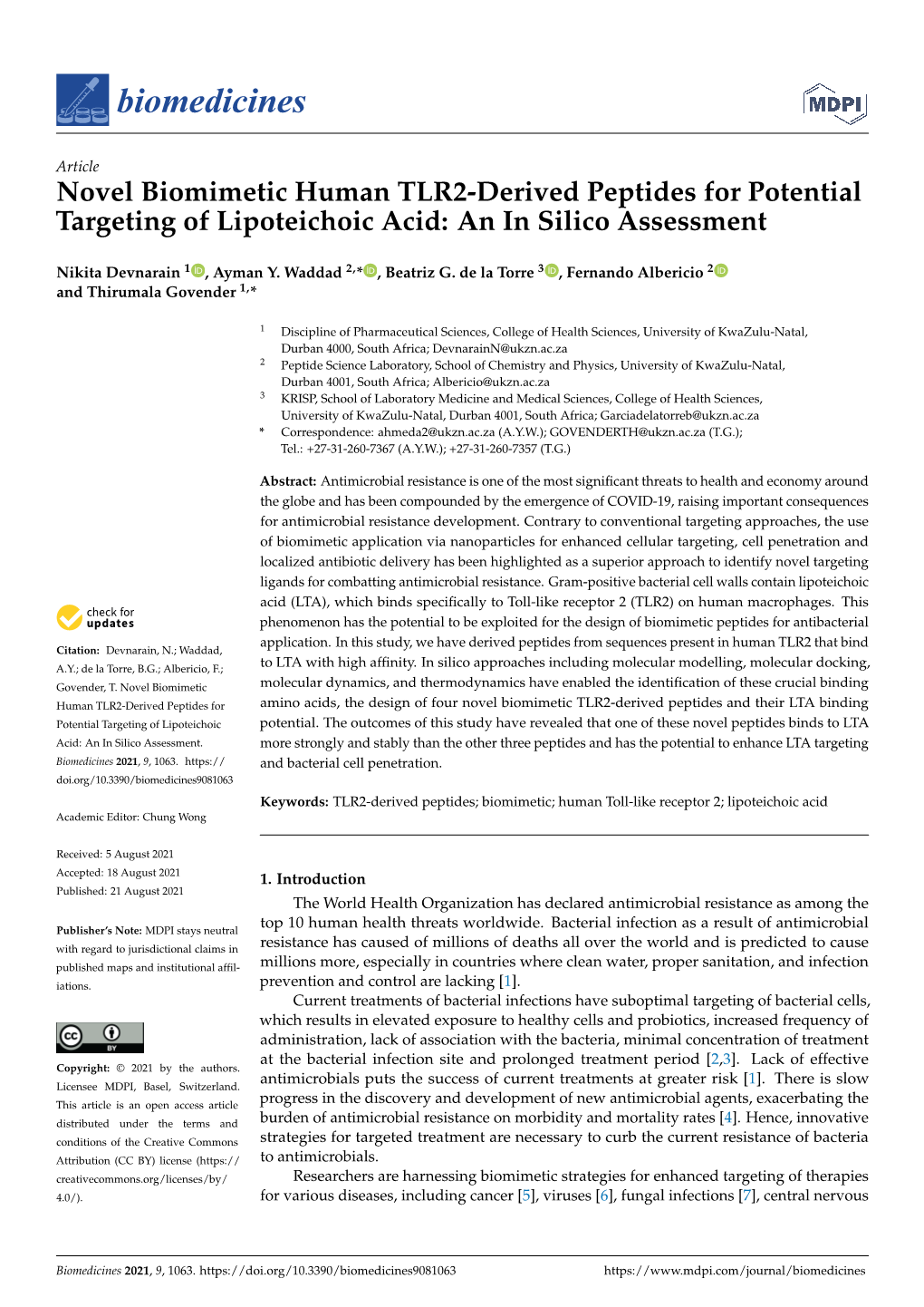 Novel Biomimetic Human TLR2-Derived Peptides for Potential Targeting of Lipoteichoic Acid: an in Silico Assessment