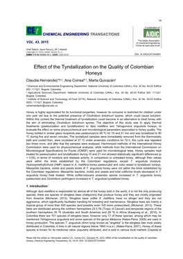Effect of the Tyndallization on the Quality of Colombian Honeys, Chemical Engineering Transactions, 43, 19-24 DOI: 10.3303/CET1543004 20 Al., 2008)