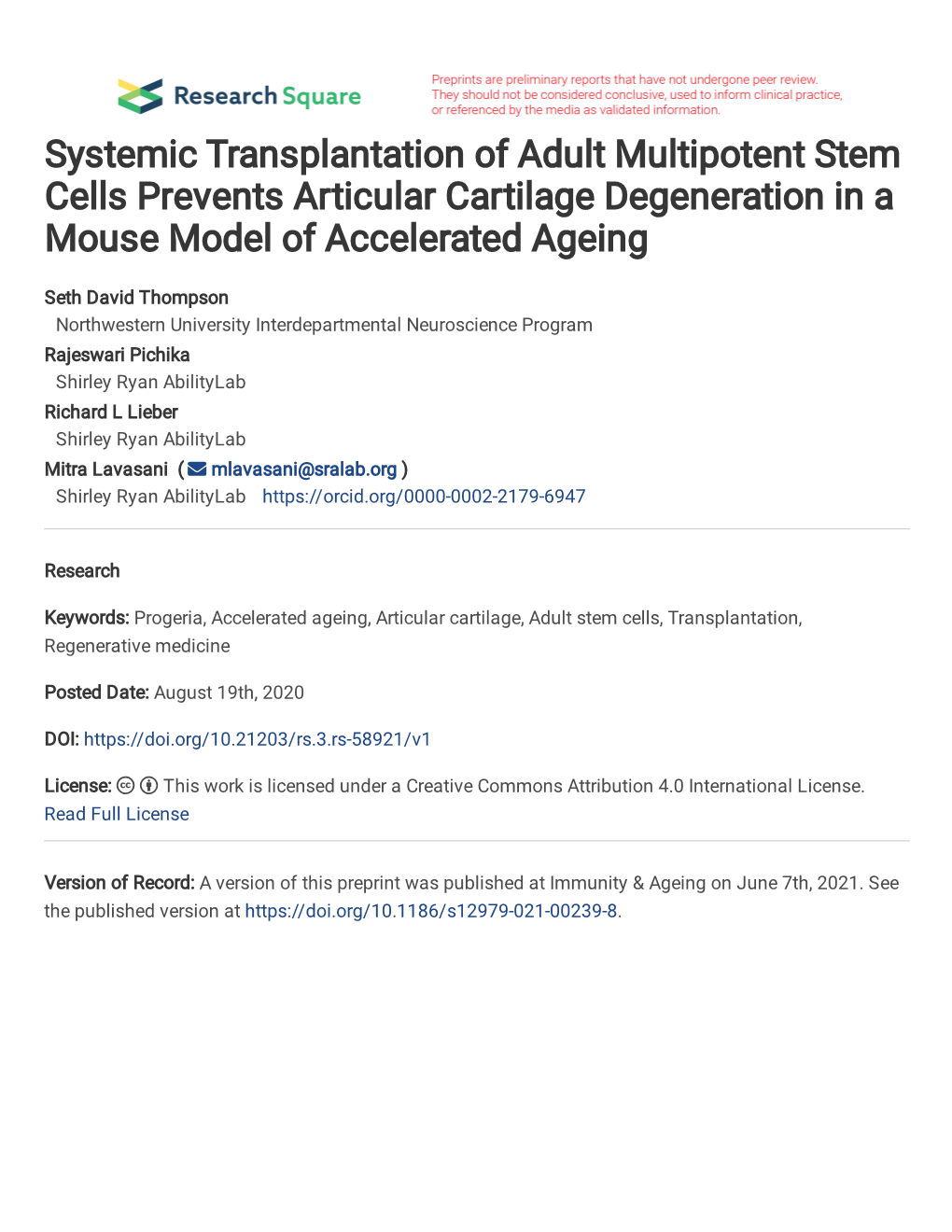 Systemic Transplantation of Adult Multipotent Stem Cells Prevents Articular Cartilage Degeneration in a Mouse Model of Accelerated Ageing