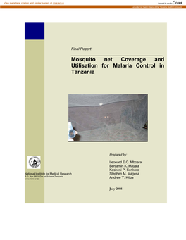 Mosquito Net Coverage and Utilisation for Malaria Control in Tanzania