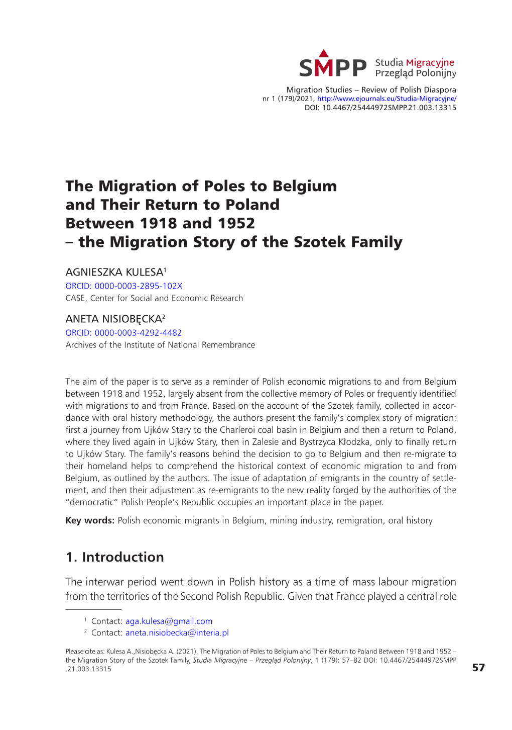 The Migration of Poles to Belgium and Their Return to Poland Between 1918 and 1952 – the Migration Story of the Szotek Family