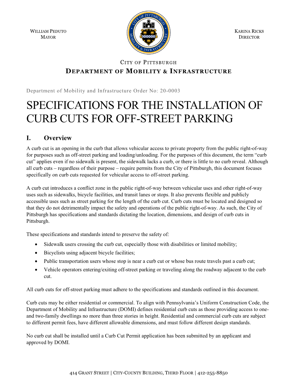 Specifications for the Installation of Curb Cuts for Off-Street Parking