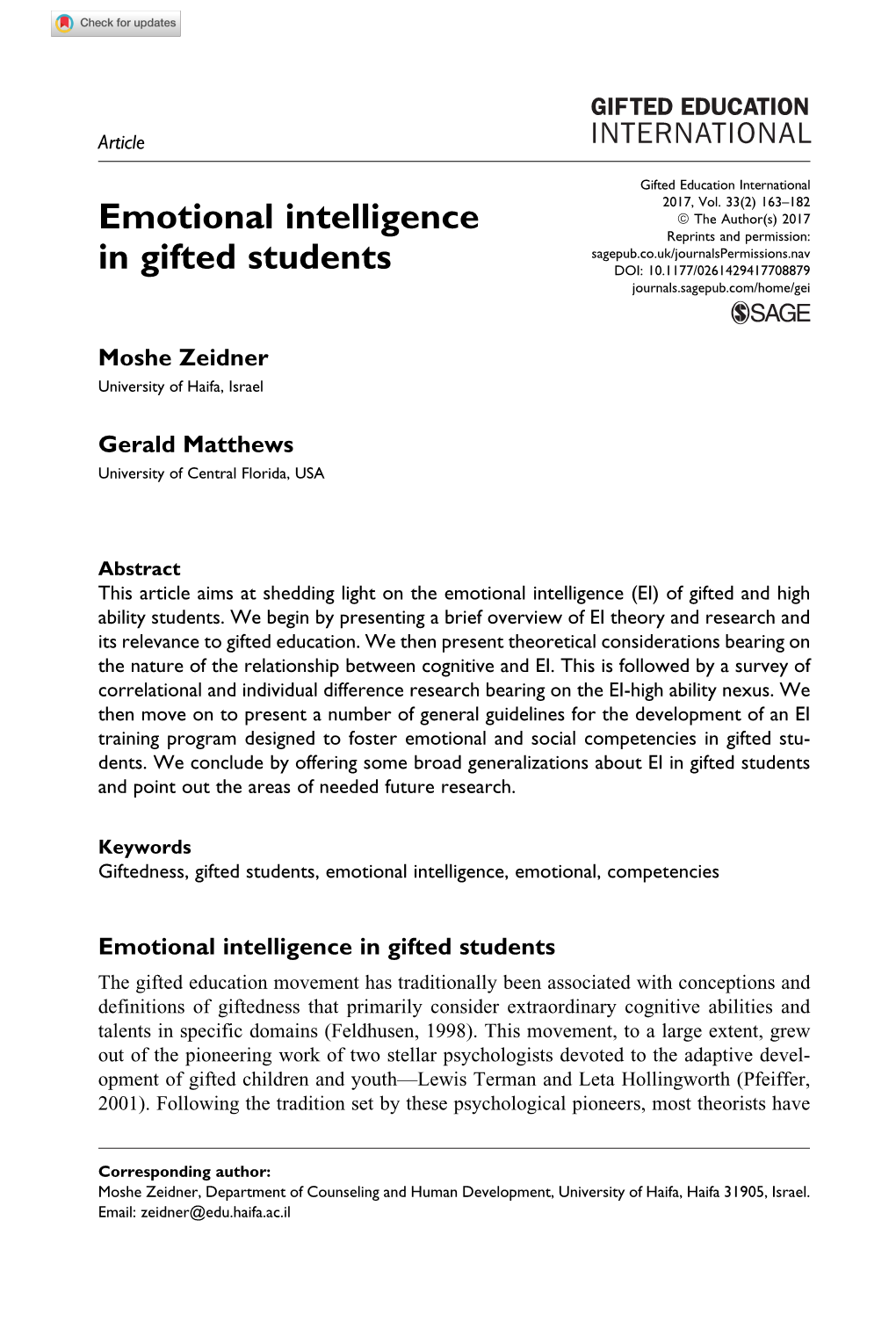 Emotional Intelligence in Gifted Students