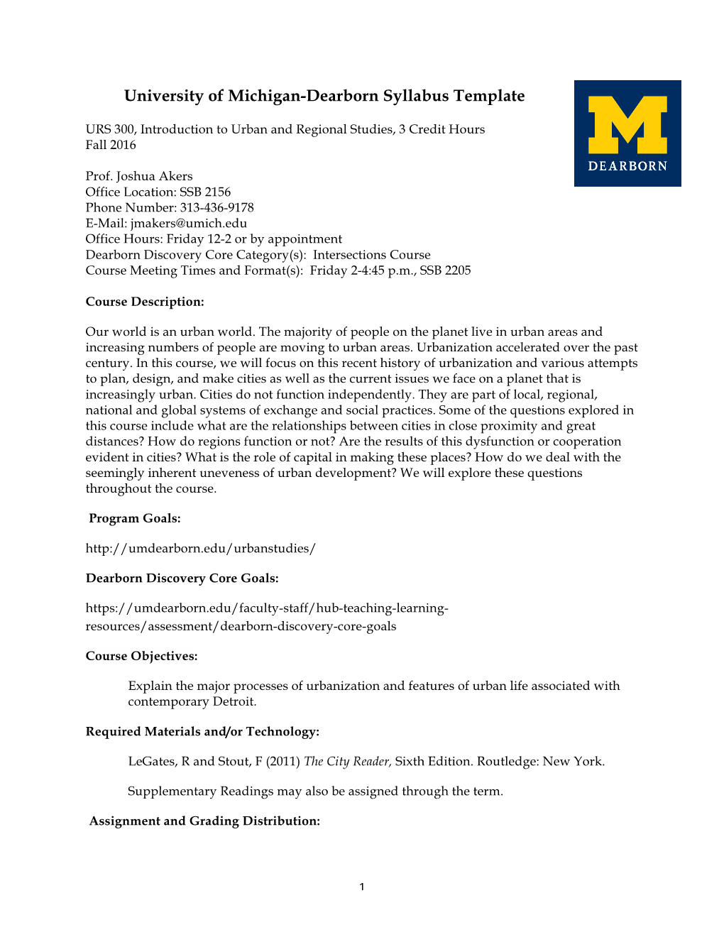 University of Michigan-Dearborn Syllabus Template