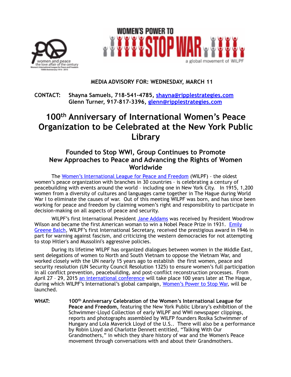 WILPF March 11 Media Advisory NYC DRAFT 2 27 15