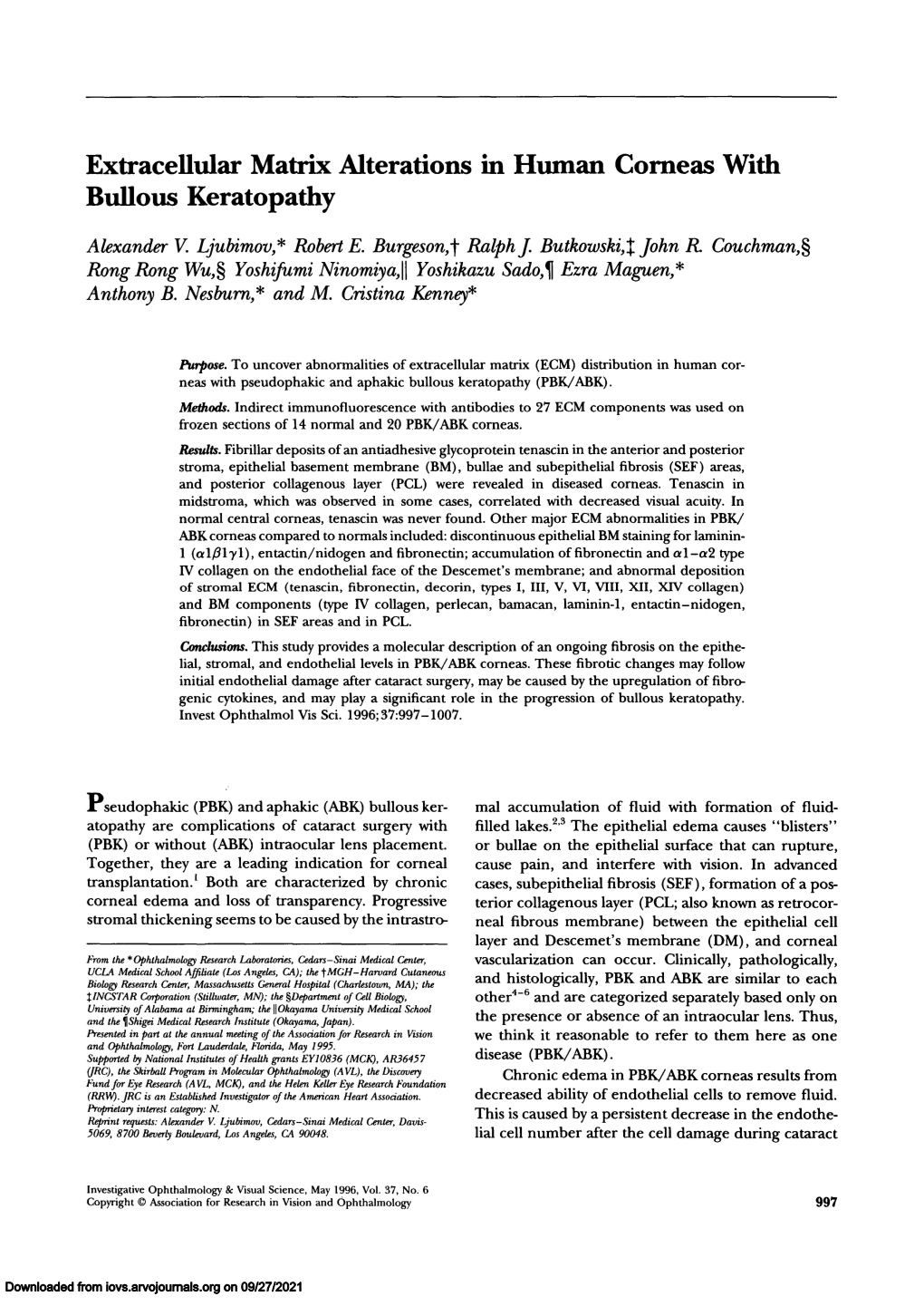 Extracellular Matrix Alterations in Human Corneas with Bullous Keratopathy