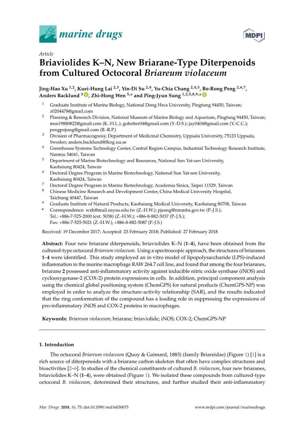 Briaviolides K–N, New Briarane-Type Diterpenoids from Cultured Octocoral Briareum Violaceum