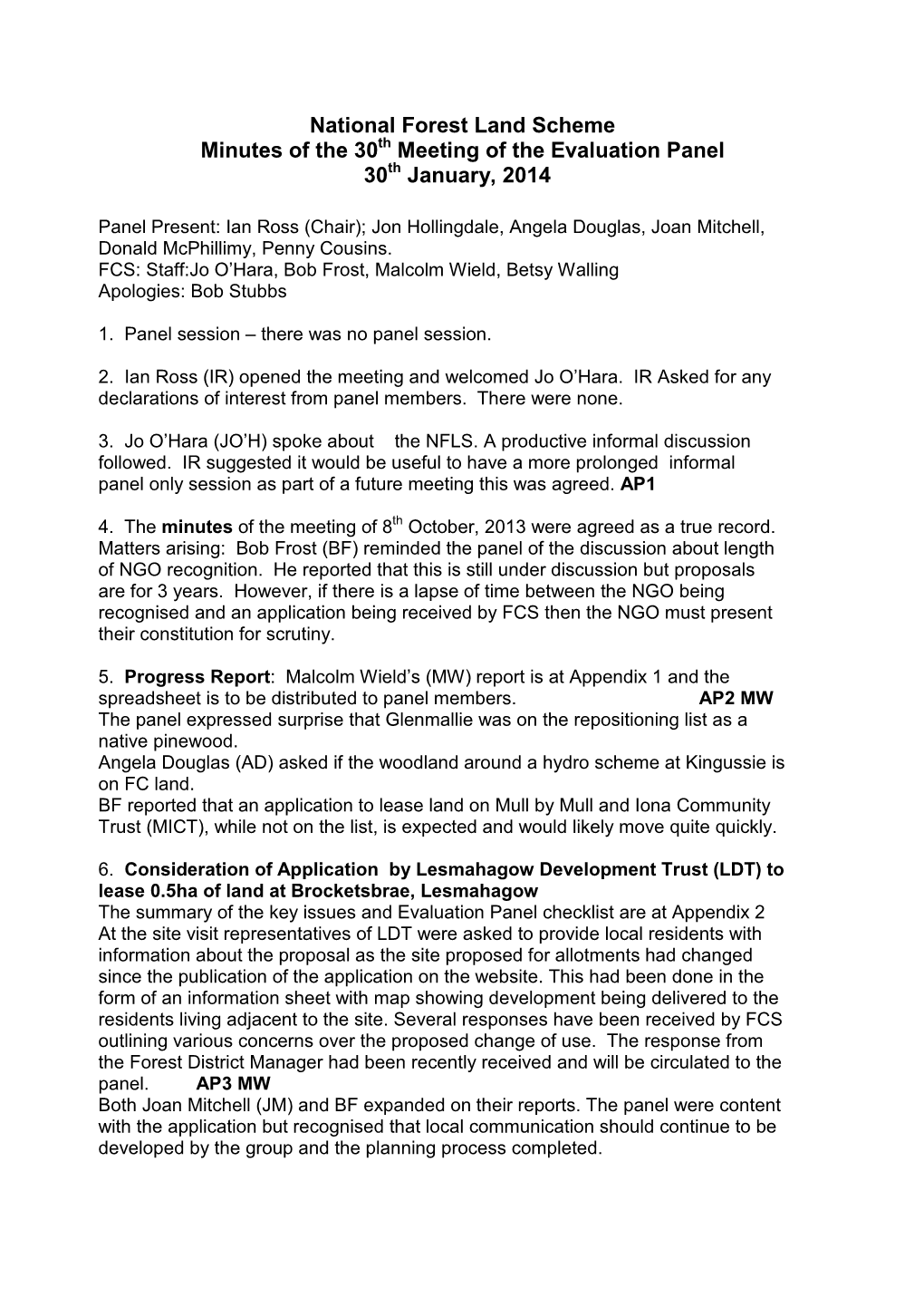 National Forest Land Scheme Minutes of the 30Th Meeting of the Evaluation Panel 30Th January, 2014