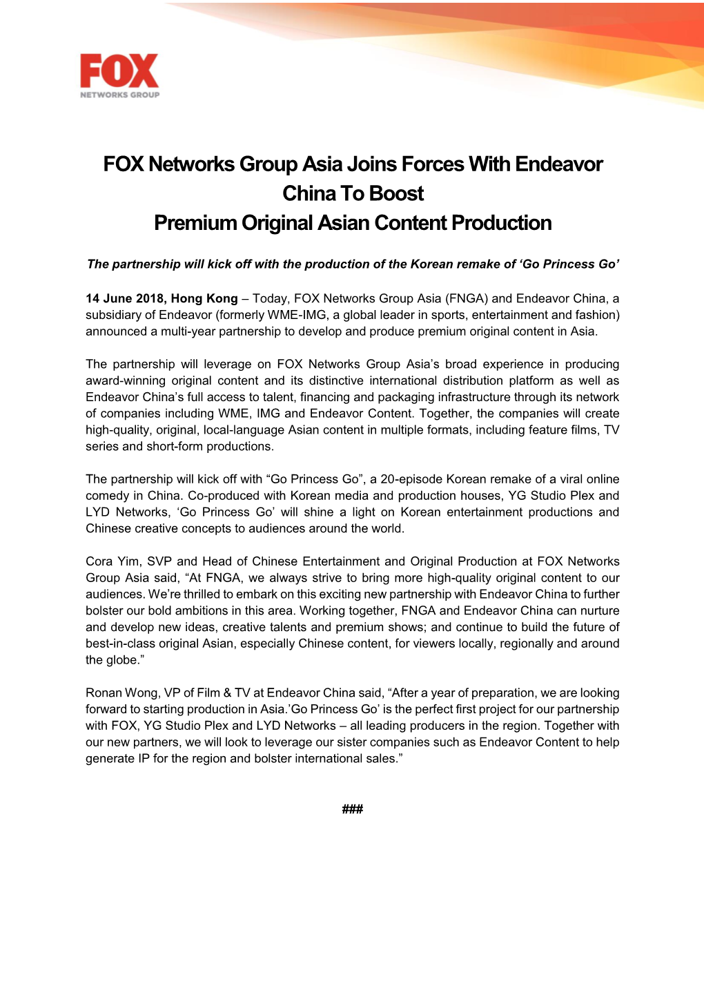 FOX Networks Group Asia Joins Forces with Endeavor China to Boost Premium Original Asian Content Production